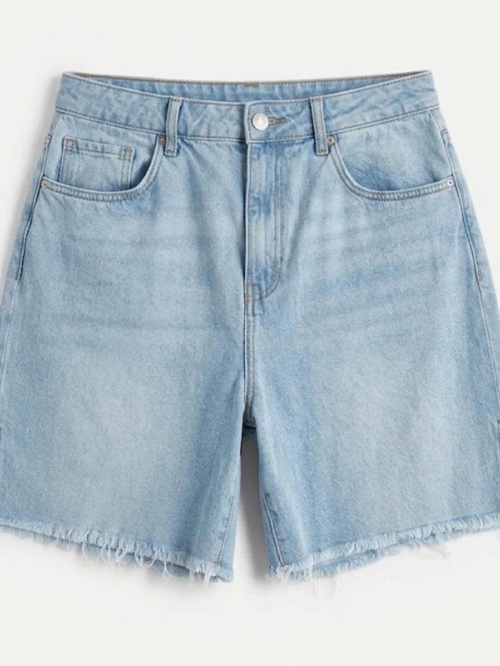 Forever 21 Light Blue Denim Frayed-Hem Long Length Shorts Classic Basic Summer